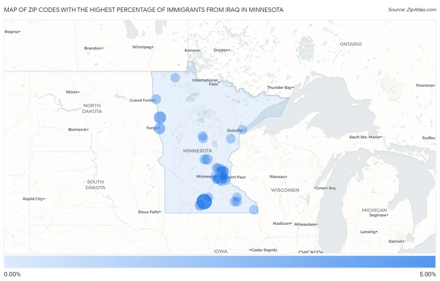 Zip Codes with the Highest Percentage of Immigrants from Iraq in Minnesota Map