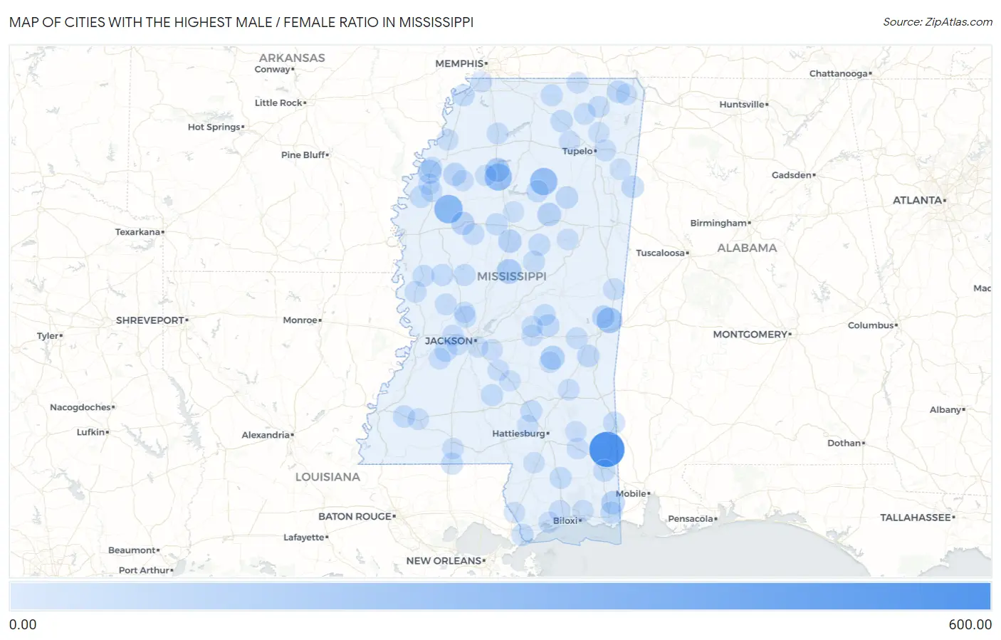 Cities with the Highest Male / Female Ratio in Mississippi Map