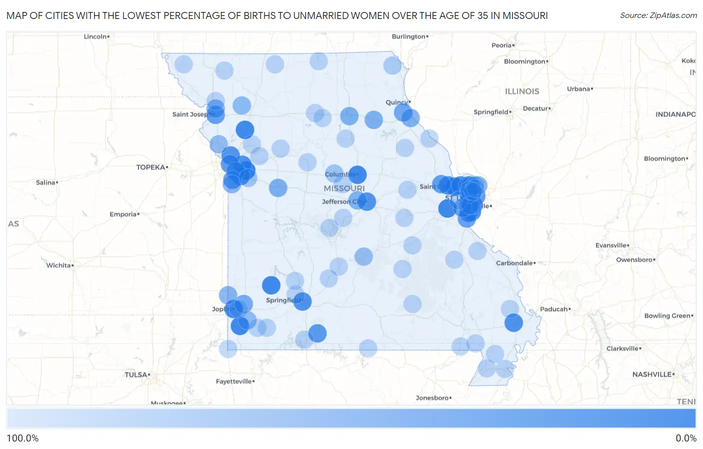 Cities with the Lowest Percentage of Births to Unmarried Women over the Age of 35 in Missouri Map