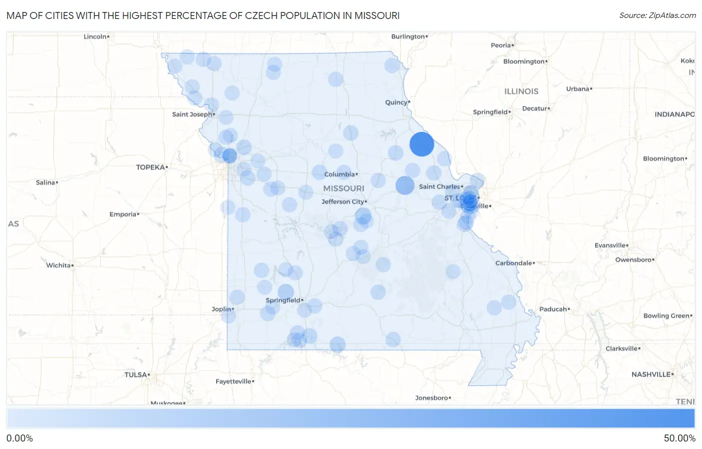 Cities with the Highest Percentage of Czech Population in Missouri Map