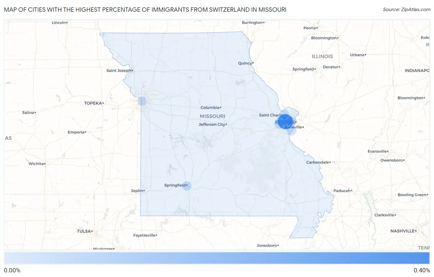 Cities with the Highest Percentage of Immigrants from Switzerland in Missouri Map