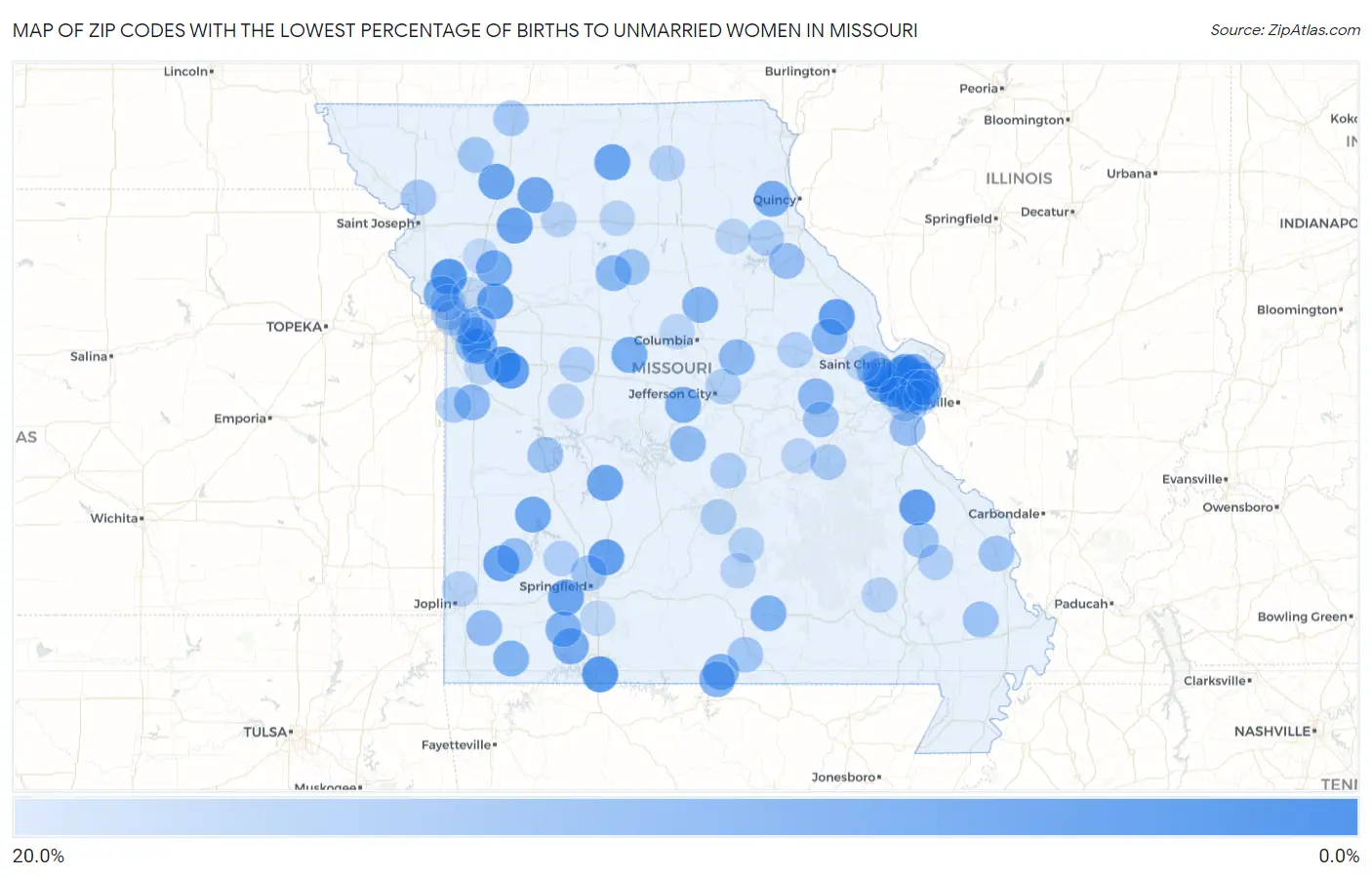 Zip Codes with the Lowest Percentage of Births to Unmarried Women in Missouri Map