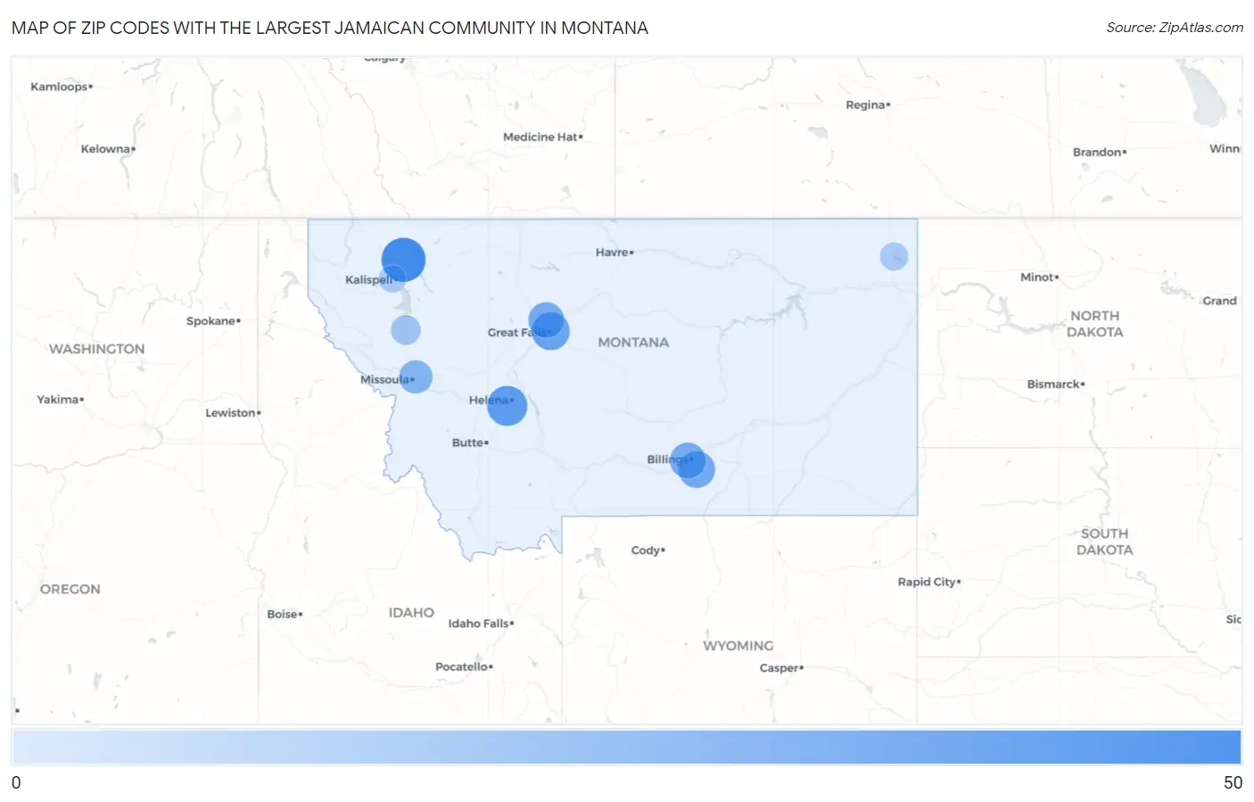 Zip Codes with the Largest Jamaican Community in Montana Map