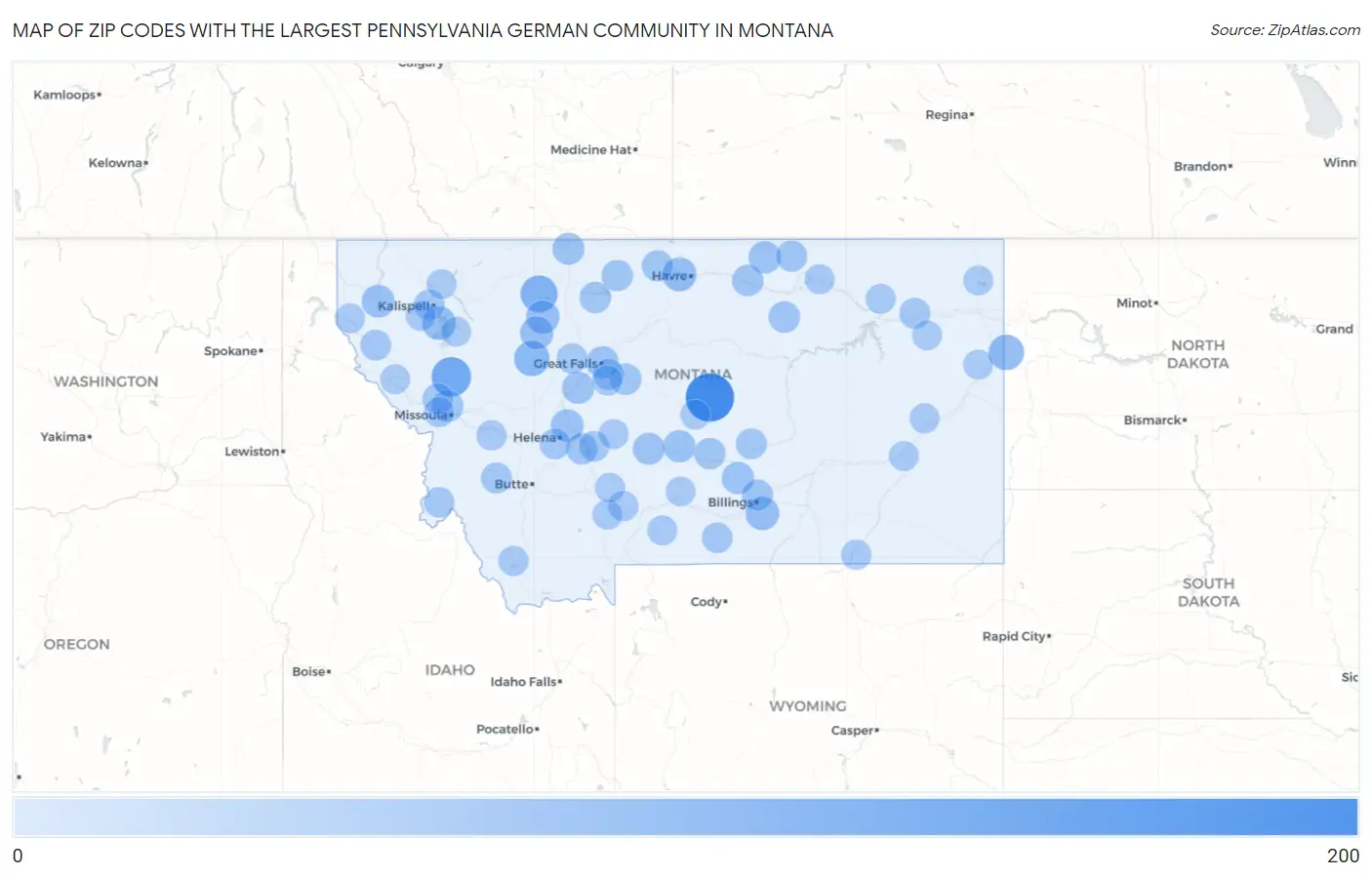 Zip Codes with the Largest Pennsylvania German Community in Montana Map