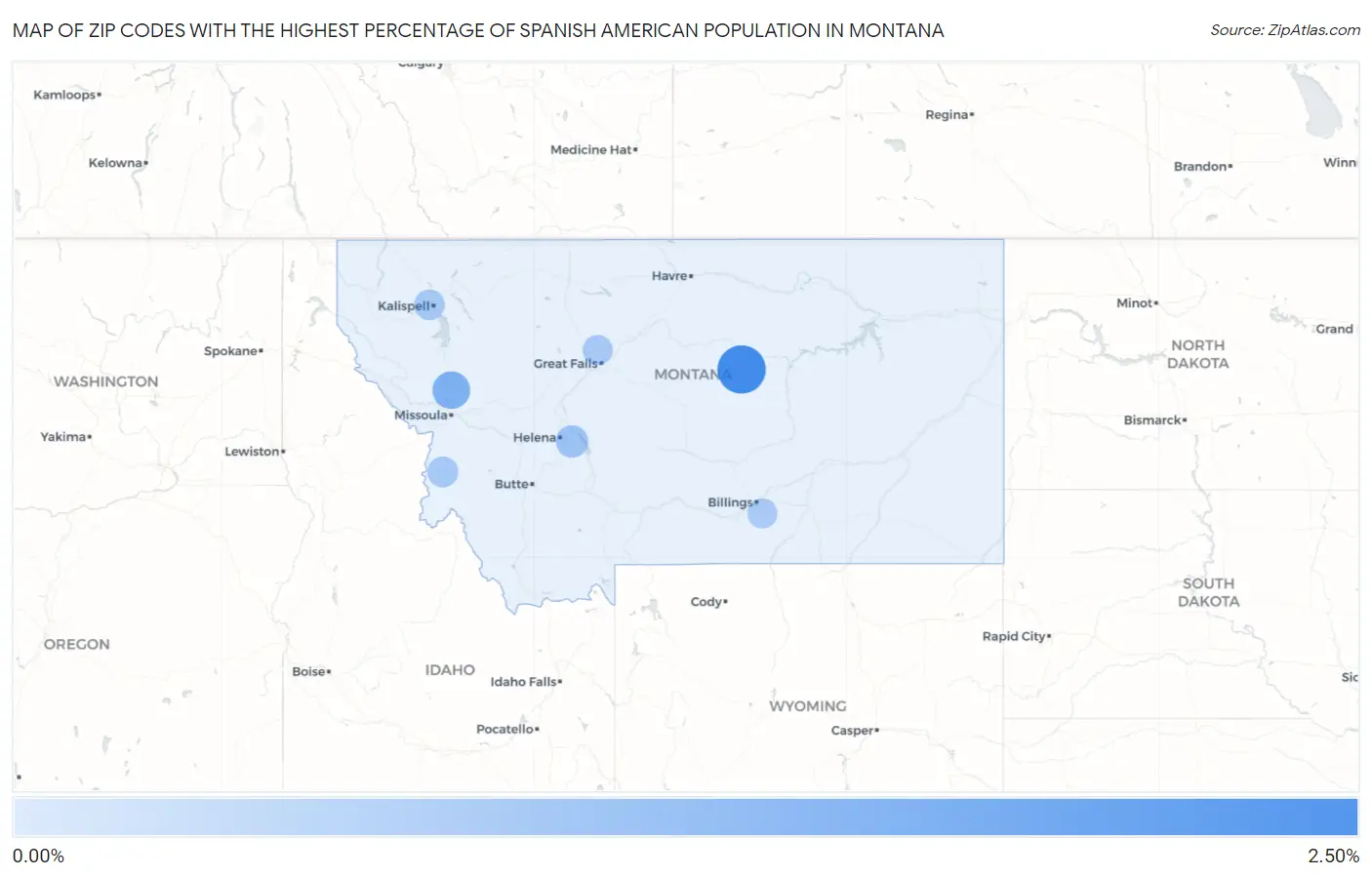 Zip Codes with the Highest Percentage of Spanish American Population in Montana Map