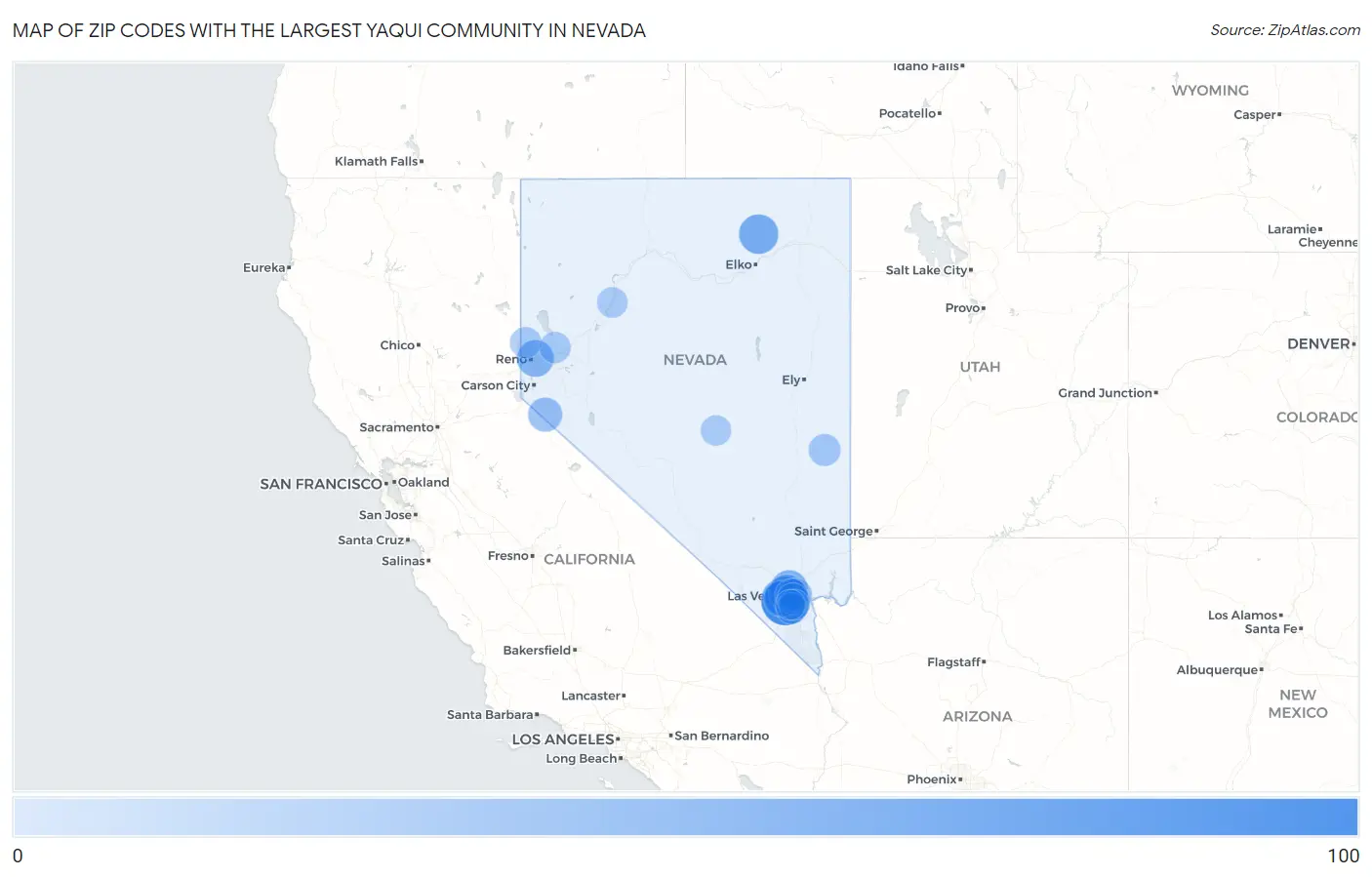 Zip Codes with the Largest Yaqui Community in Nevada Map