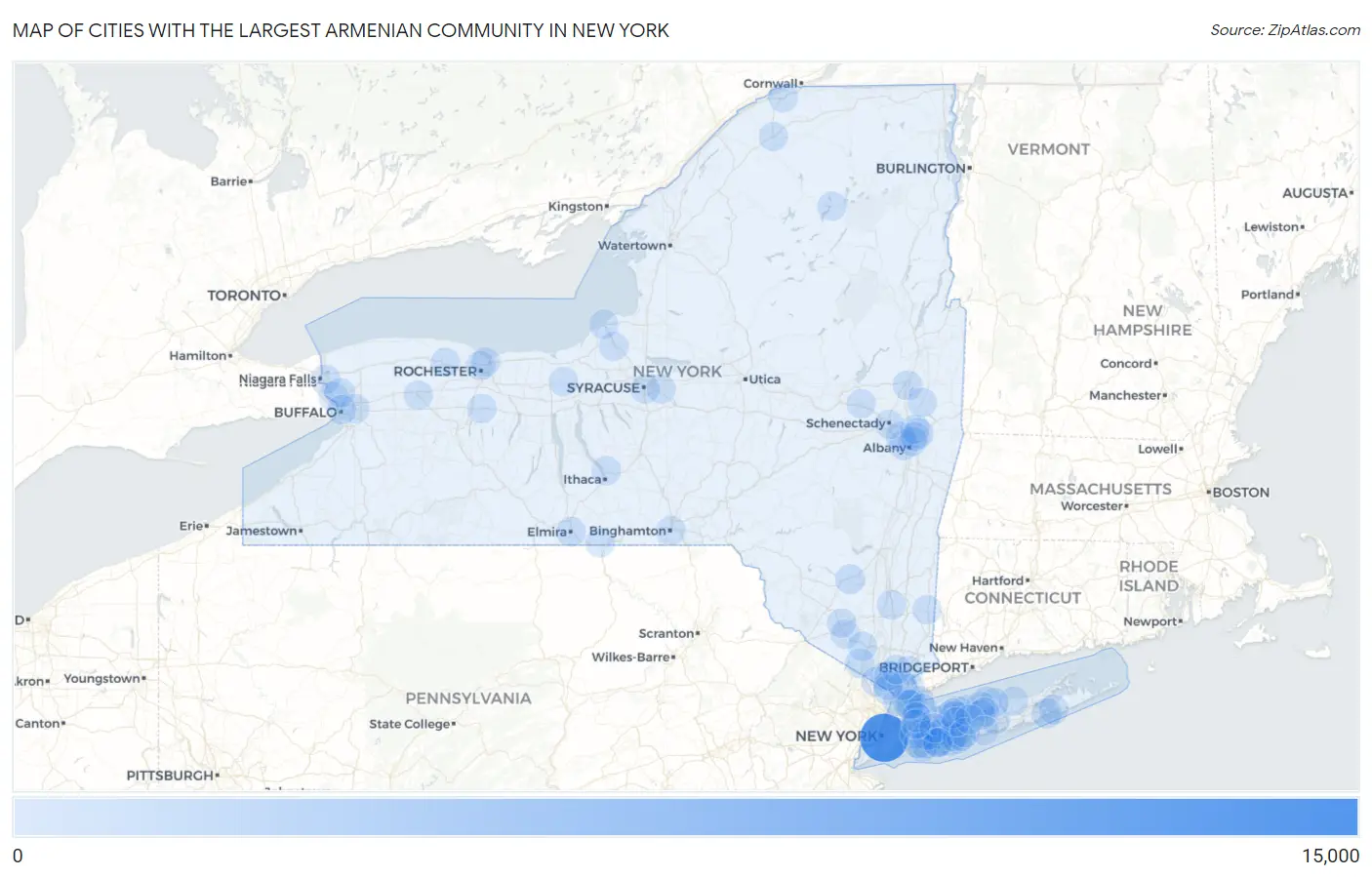 Cities with the Largest Armenian Community in New York Map