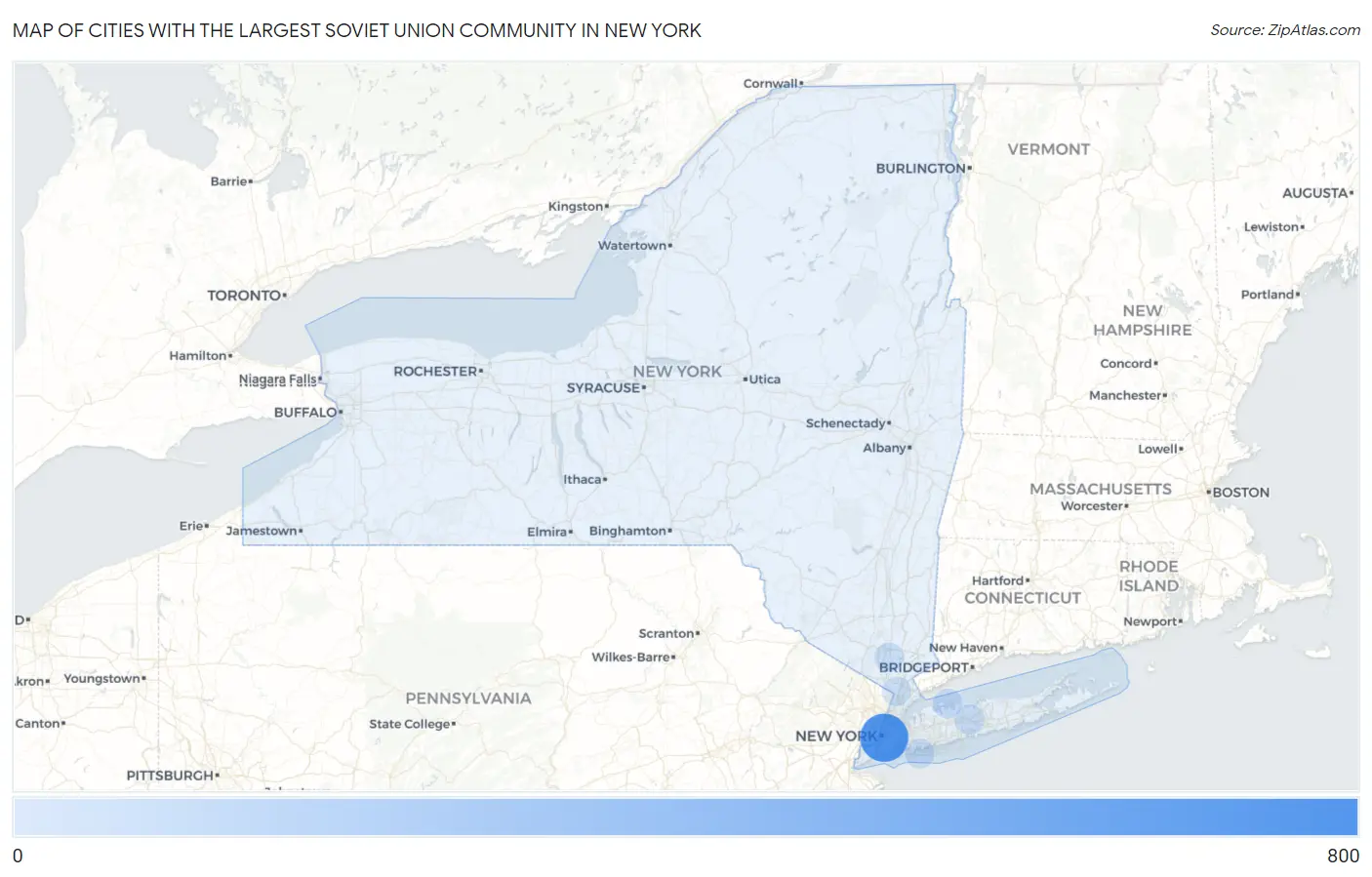 Cities with the Largest Soviet Union Community in New York Map