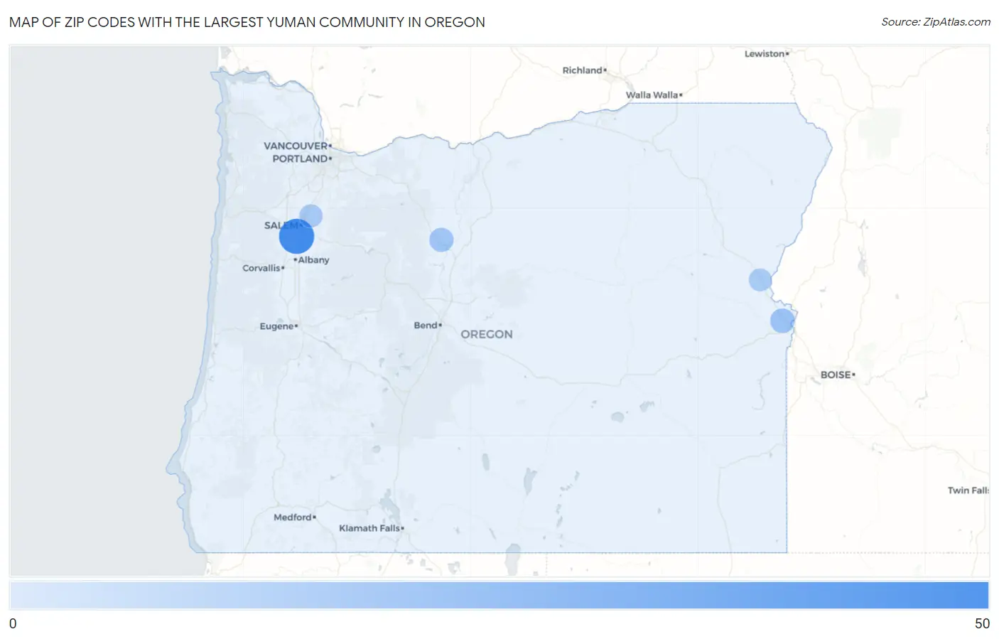 Zip Codes with the Largest Yuman Community in Oregon Map