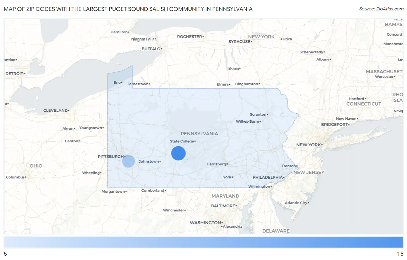 Zip Codes with the Largest Puget Sound Salish Community in Pennsylvania Map