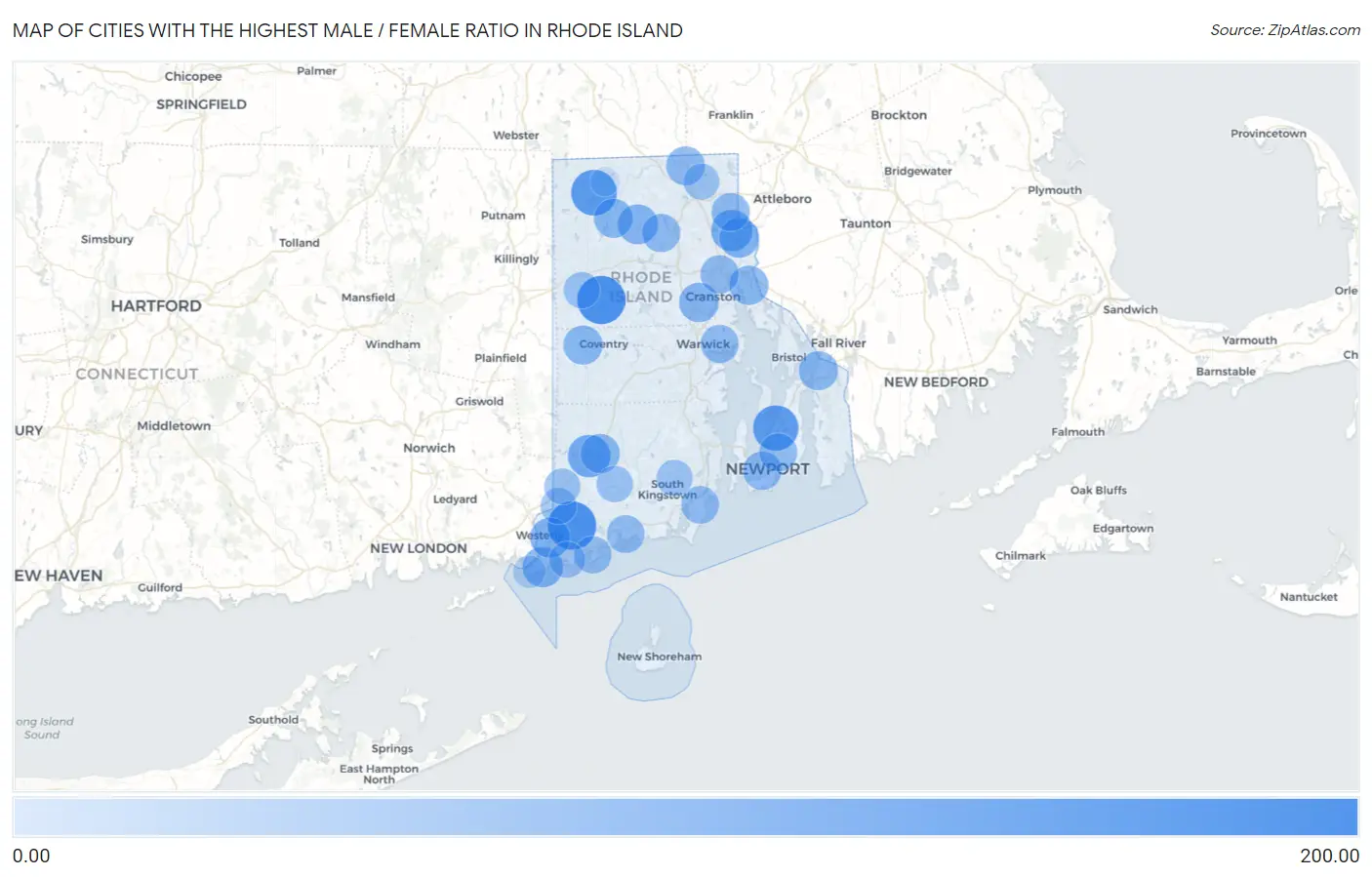 Cities with the Highest Male / Female Ratio in Rhode Island Map