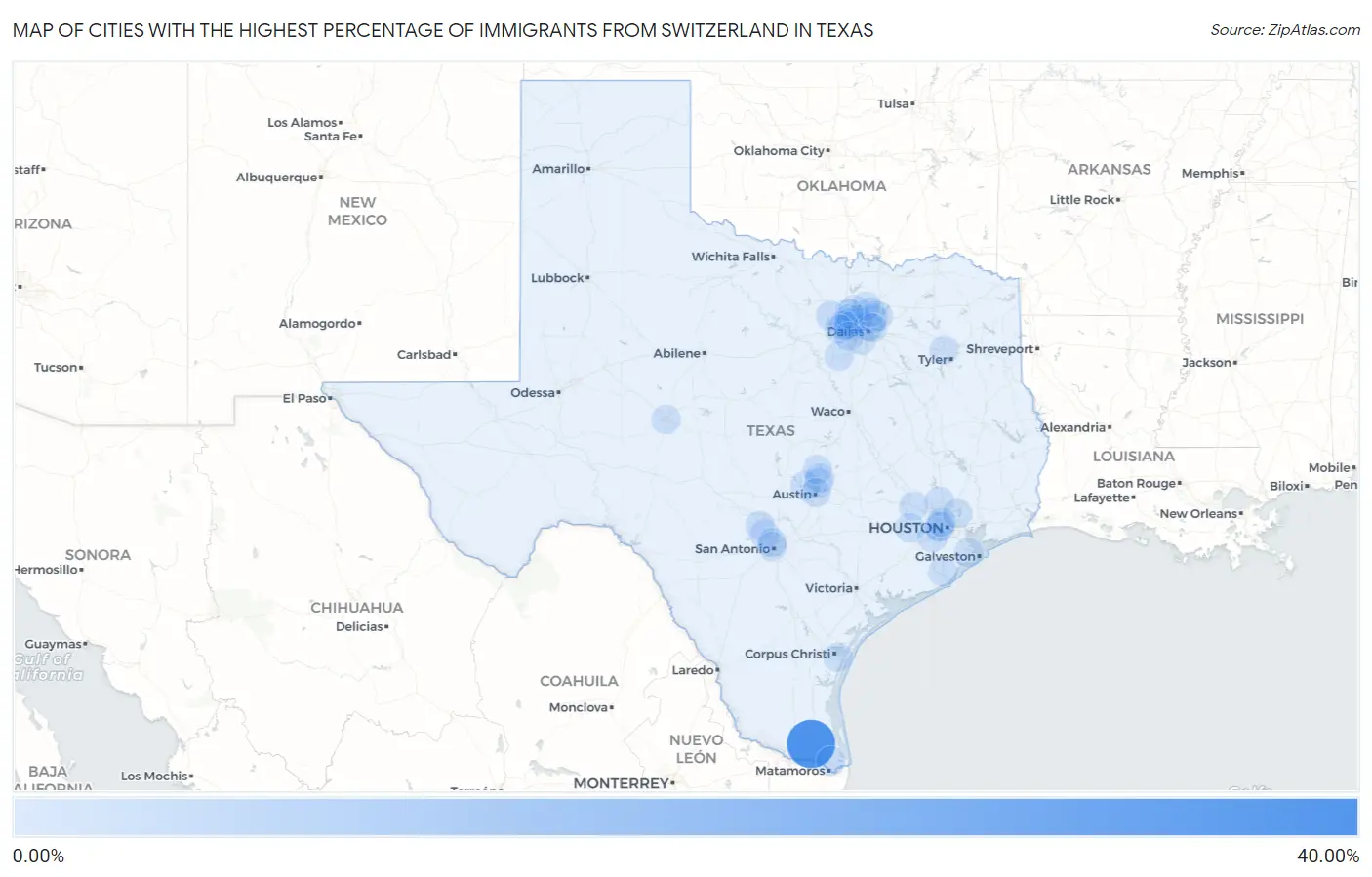 Cities with the Highest Percentage of Immigrants from Switzerland in Texas Map