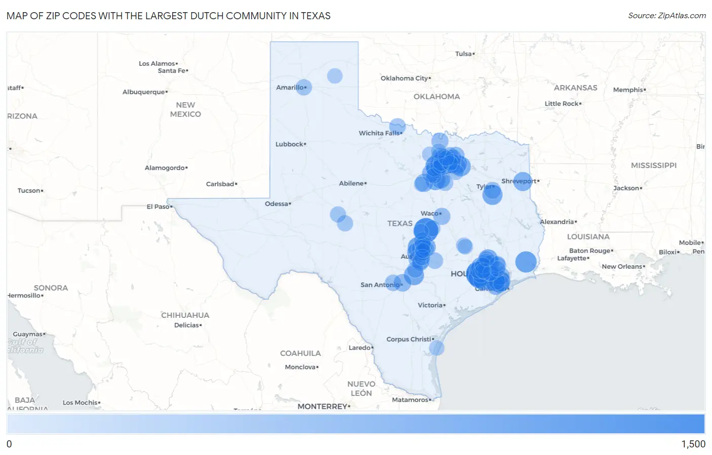 Zip Codes with the Largest Dutch Community in Texas Map