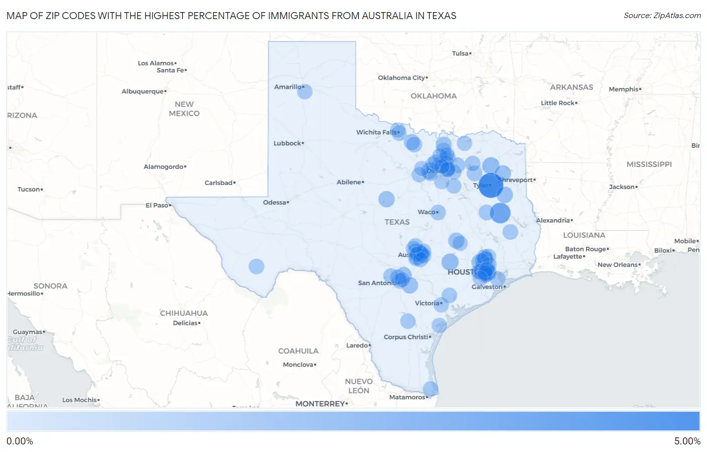 Zip Codes with the Highest Percentage of Immigrants from Australia in Texas Map