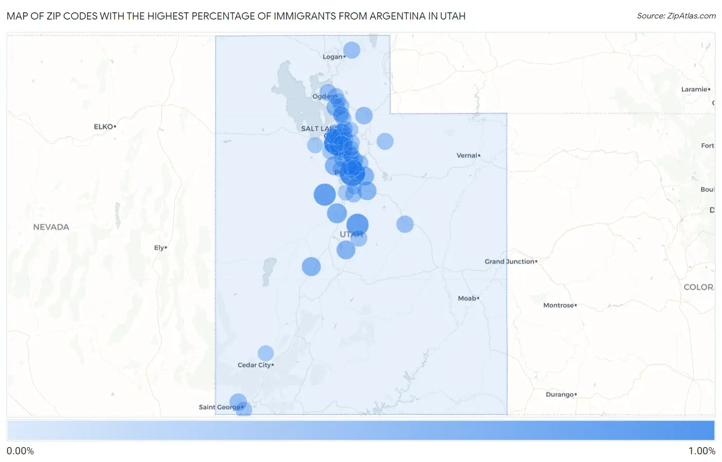 Zip Codes with the Highest Percentage of Immigrants from Argentina in Utah Map