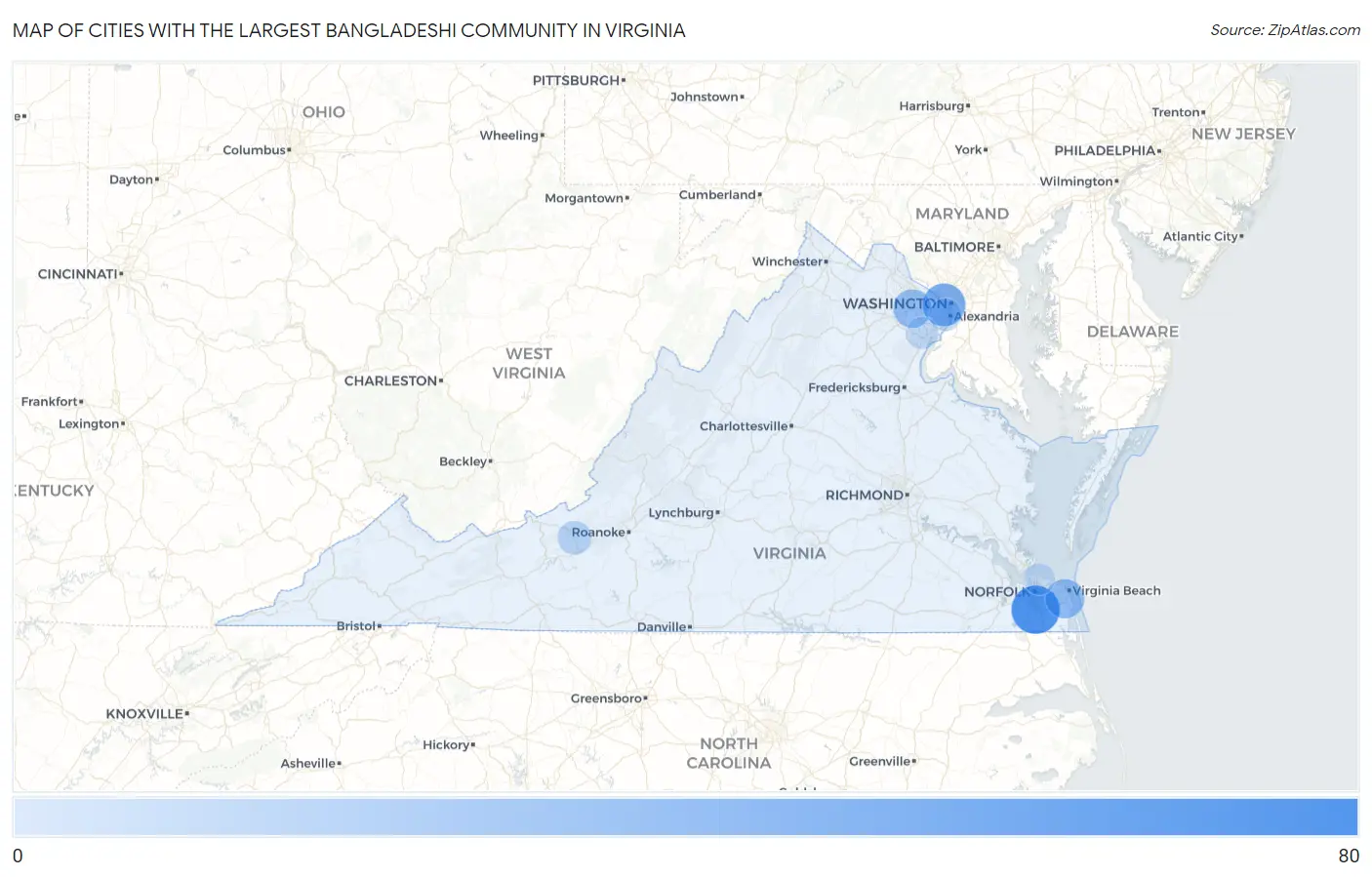 Cities with the Largest Bangladeshi Community in Virginia Map