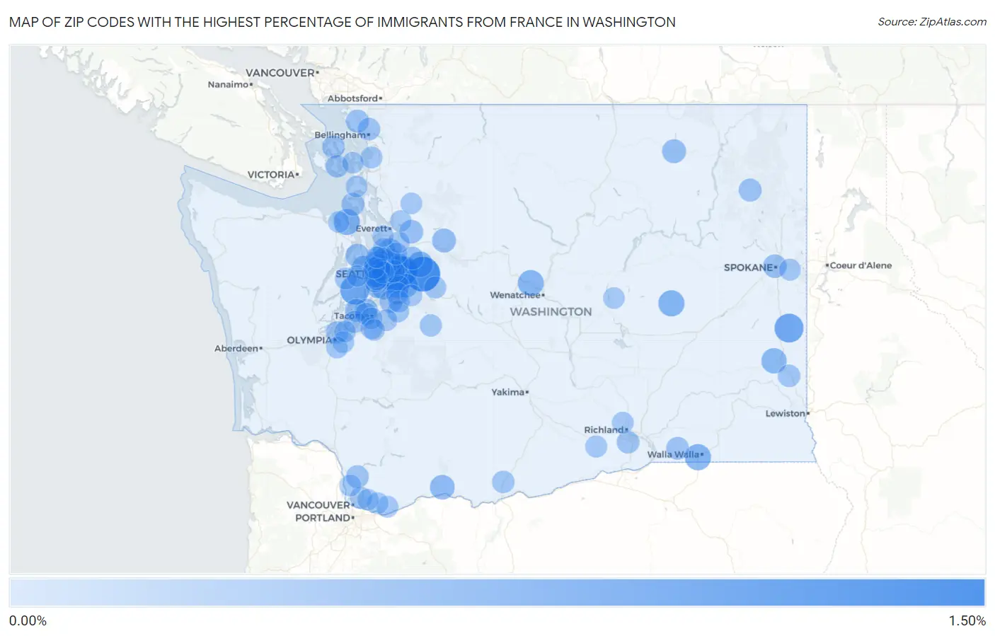 Zip Codes with the Highest Percentage of Immigrants from France in Washington Map