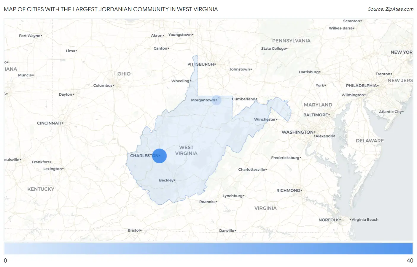 Cities with the Largest Jordanian Community in West Virginia Map