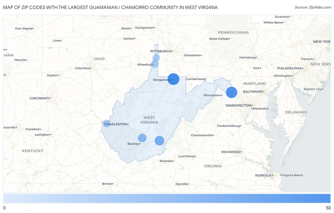 Zip Codes with the Largest Guamanian / Chamorro Community in West Virginia Map