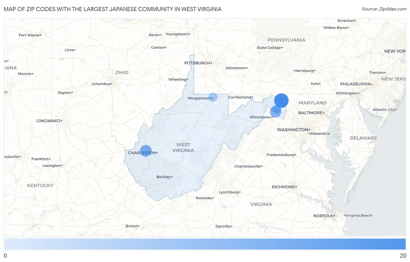 Zip Codes with the Largest Japanese Community in West Virginia Map