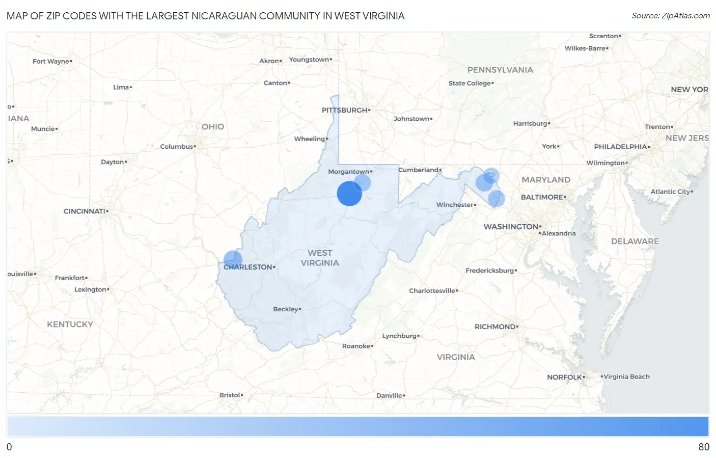 Zip Codes with the Largest Nicaraguan Community in West Virginia Map