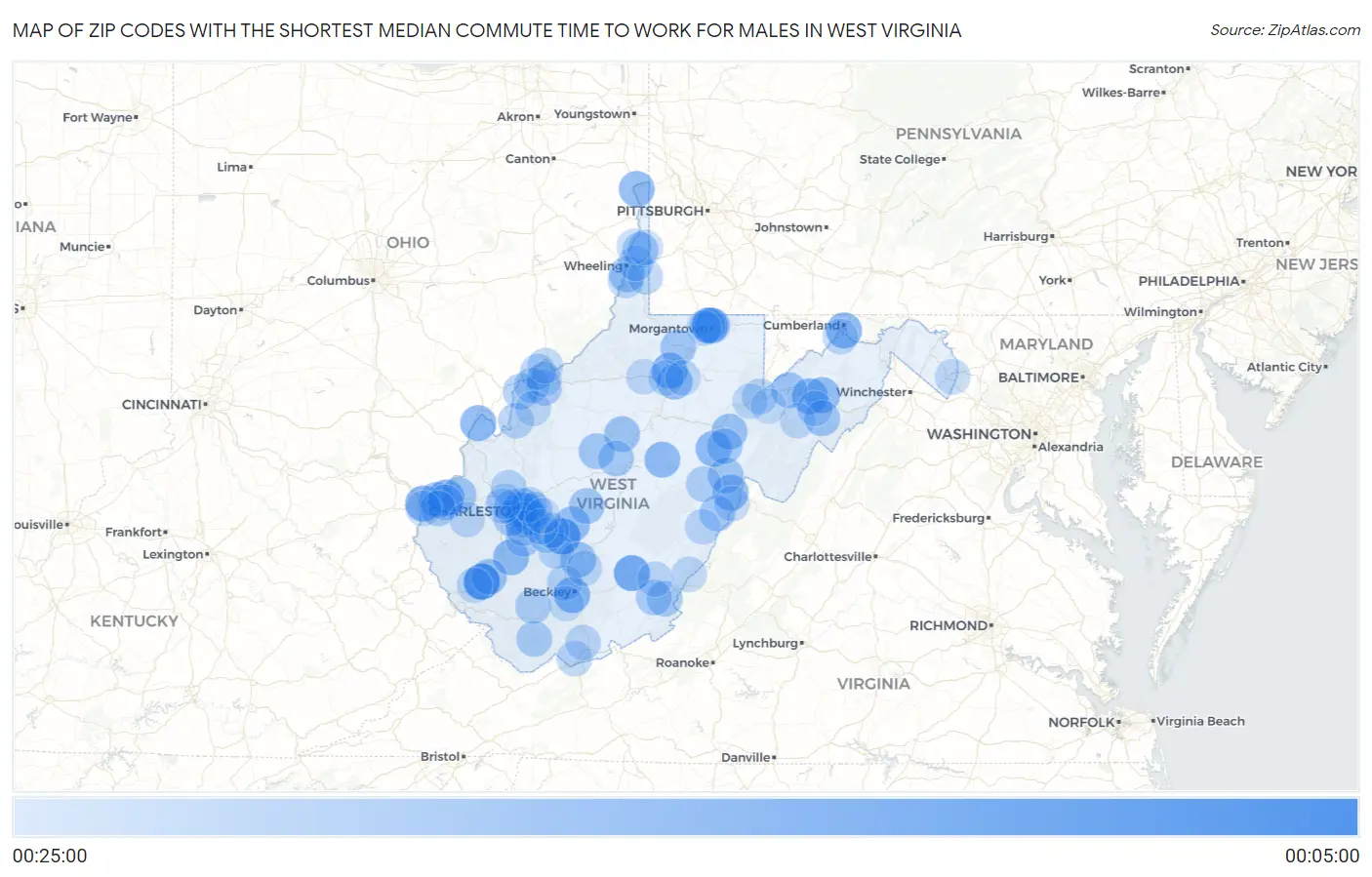 Zip Codes with the Shortest Median Commute Time to Work for Males in West Virginia Map