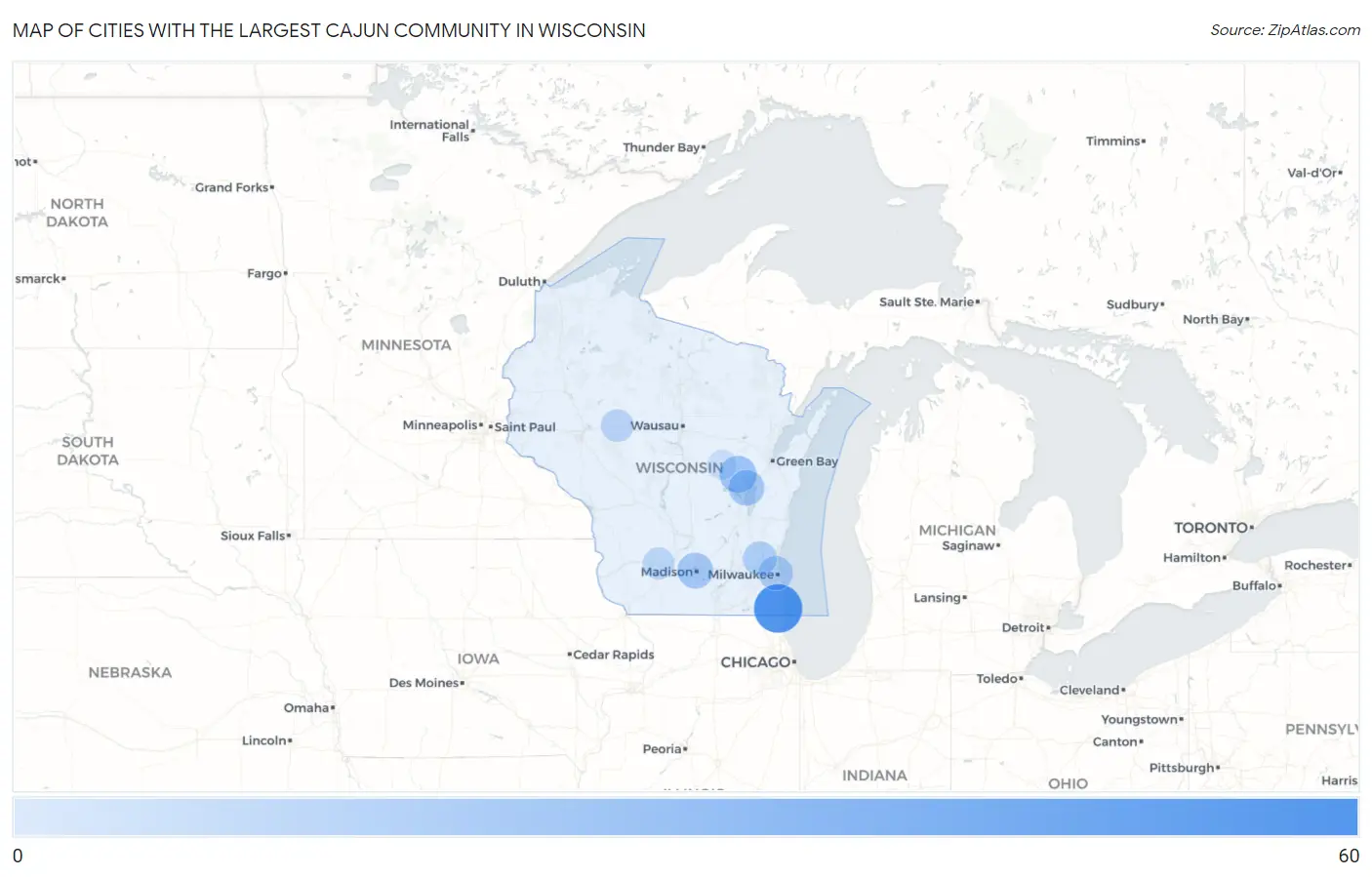 Cities with the Largest Cajun Community in Wisconsin Map