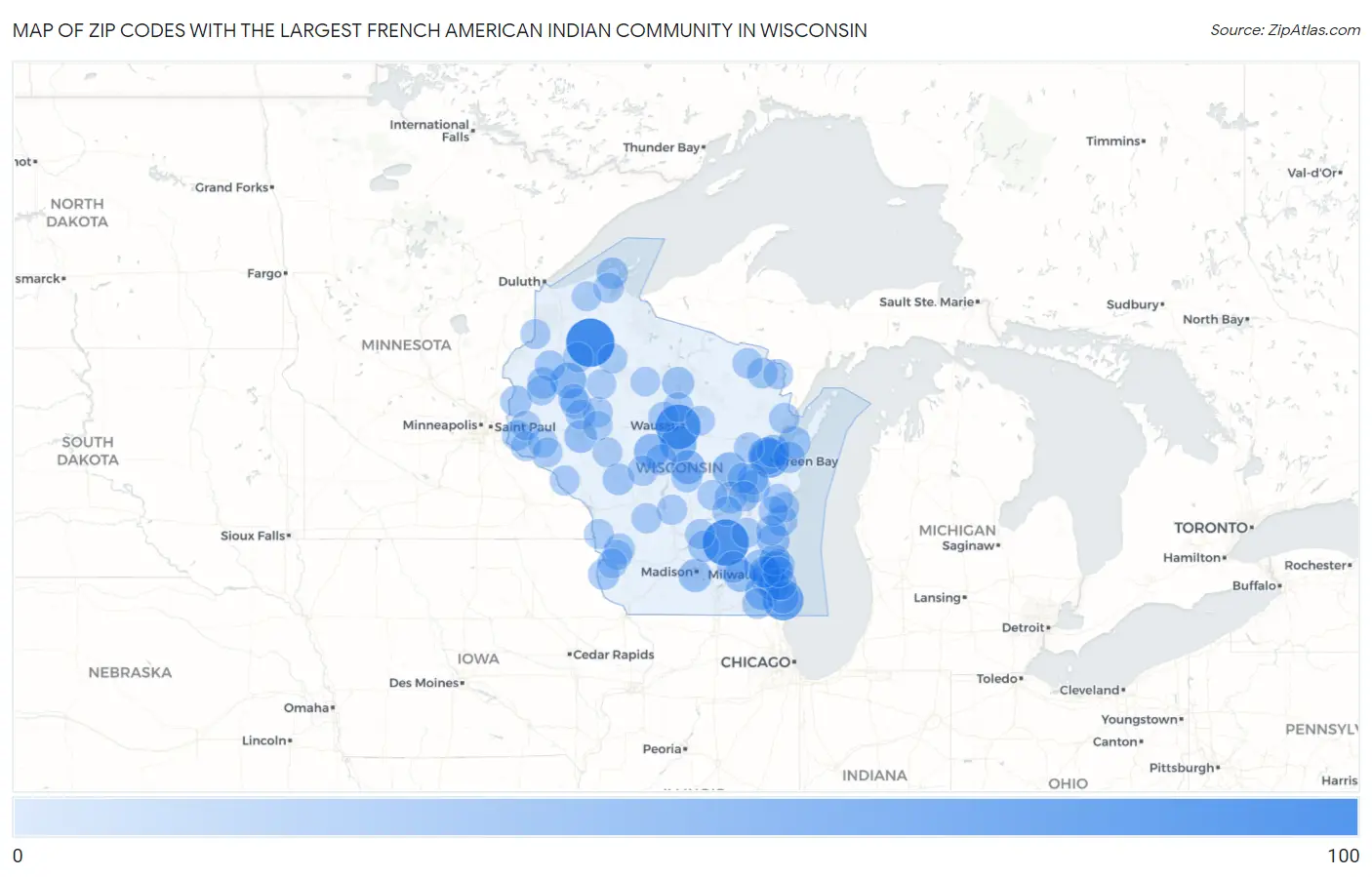 Zip Codes with the Largest French American Indian Community in Wisconsin Map