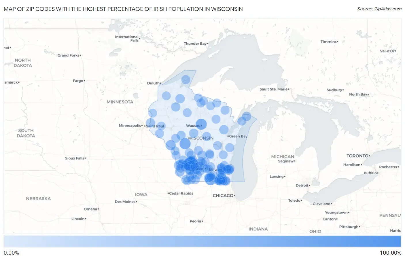 Zip Codes with the Highest Percentage of Irish Population in Wisconsin Map