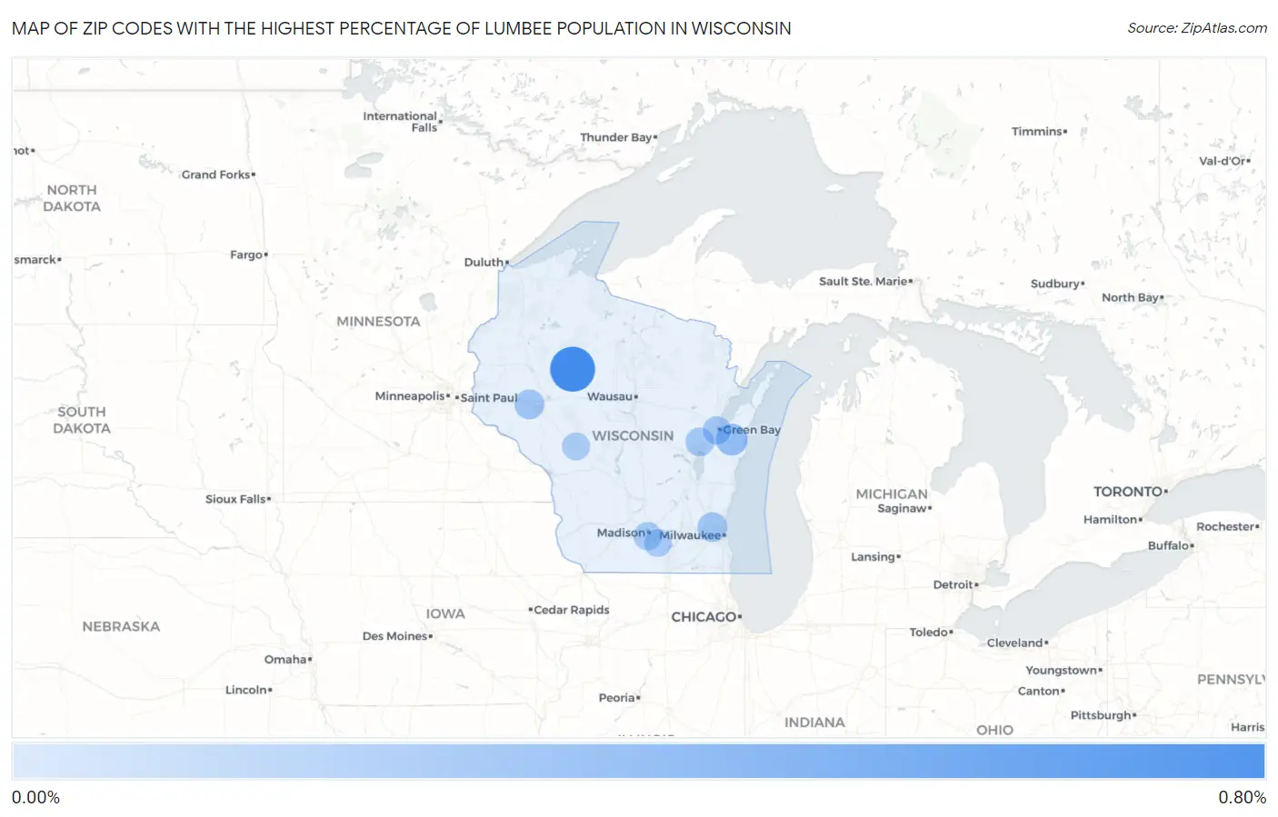 Zip Codes with the Highest Percentage of Lumbee Population in Wisconsin Map