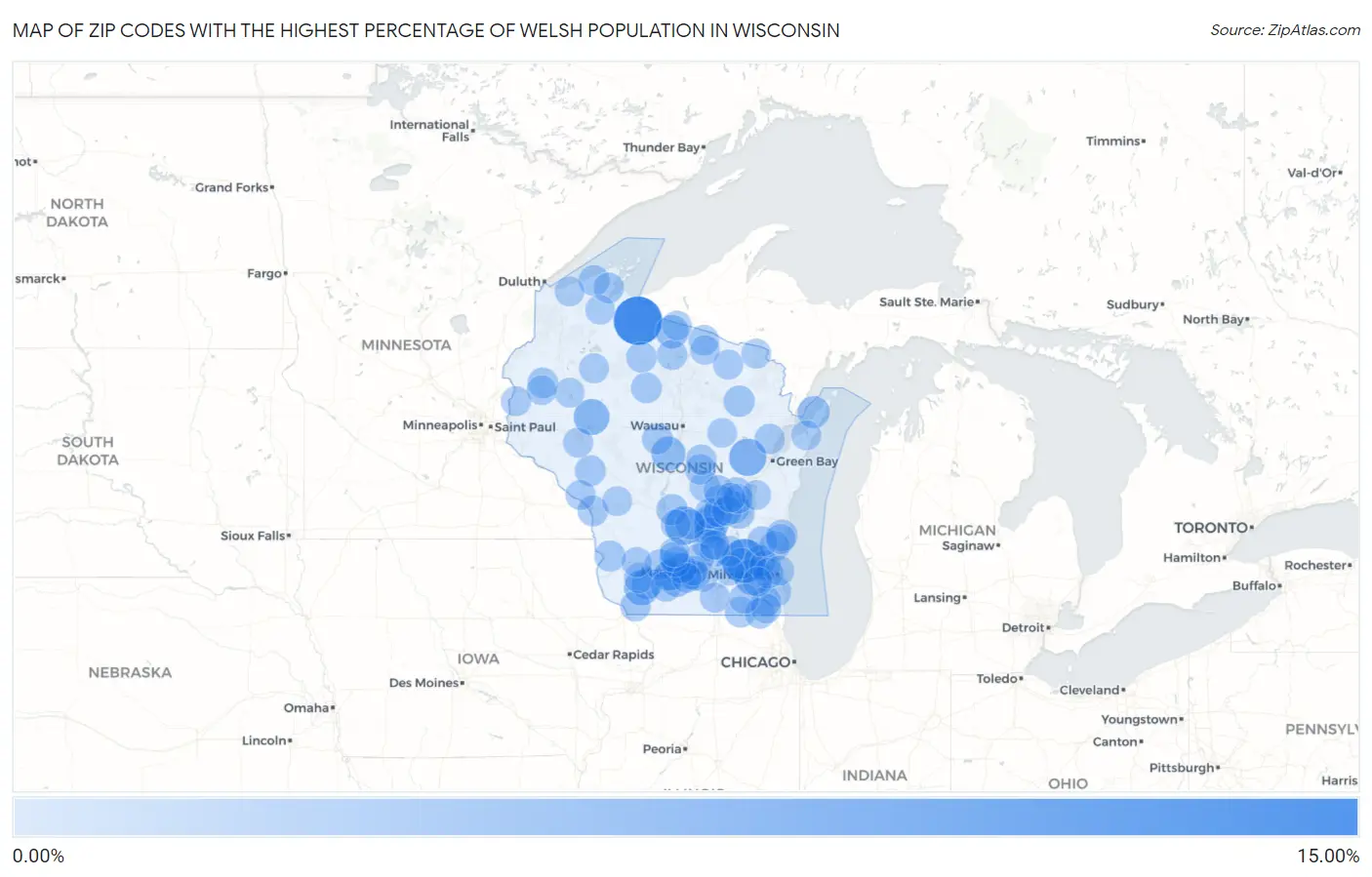 Zip Codes with the Highest Percentage of Welsh Population in Wisconsin Map