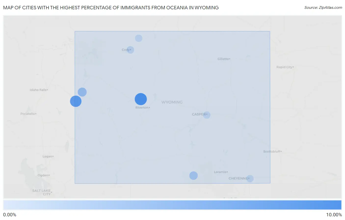 Cities with the Highest Percentage of Immigrants from Oceania in Wyoming Map