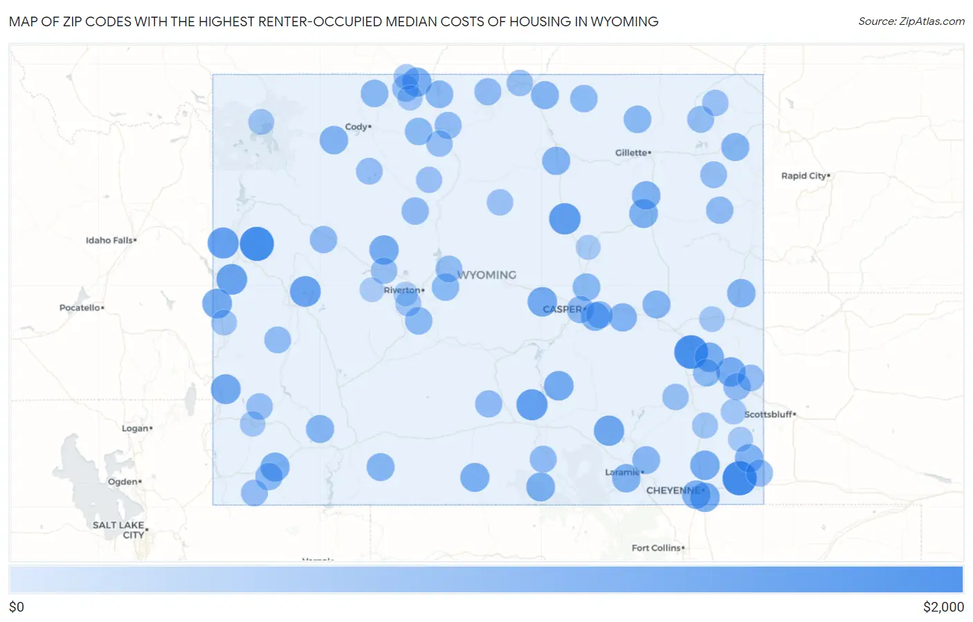 Zip Codes with the Highest Renter-Occupied Median Costs of Housing in Wyoming Map