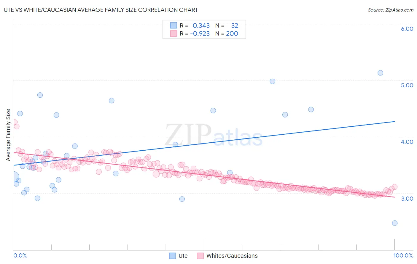 Ute vs White/Caucasian Average Family Size