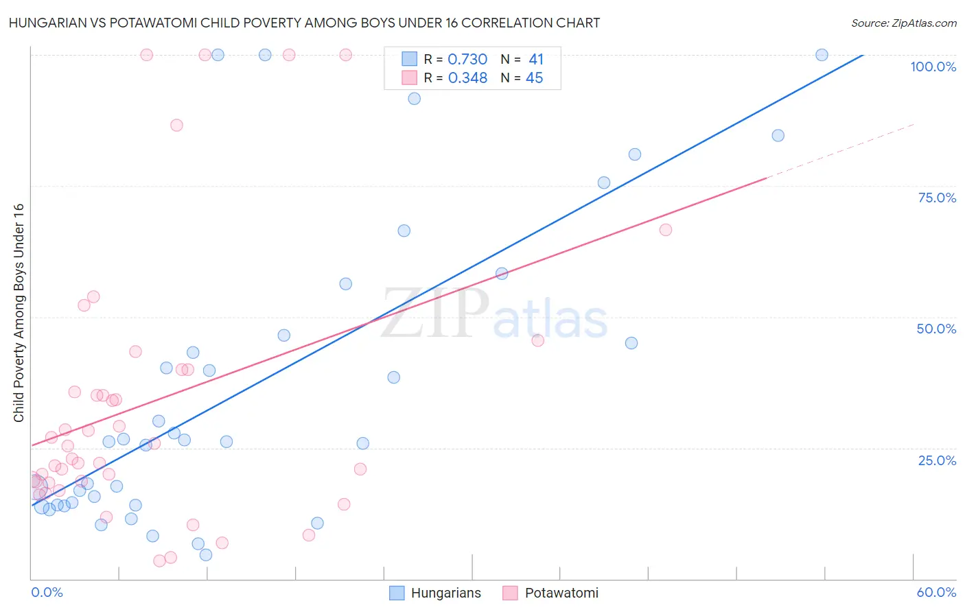 Hungarian vs Potawatomi Child Poverty Among Boys Under 16