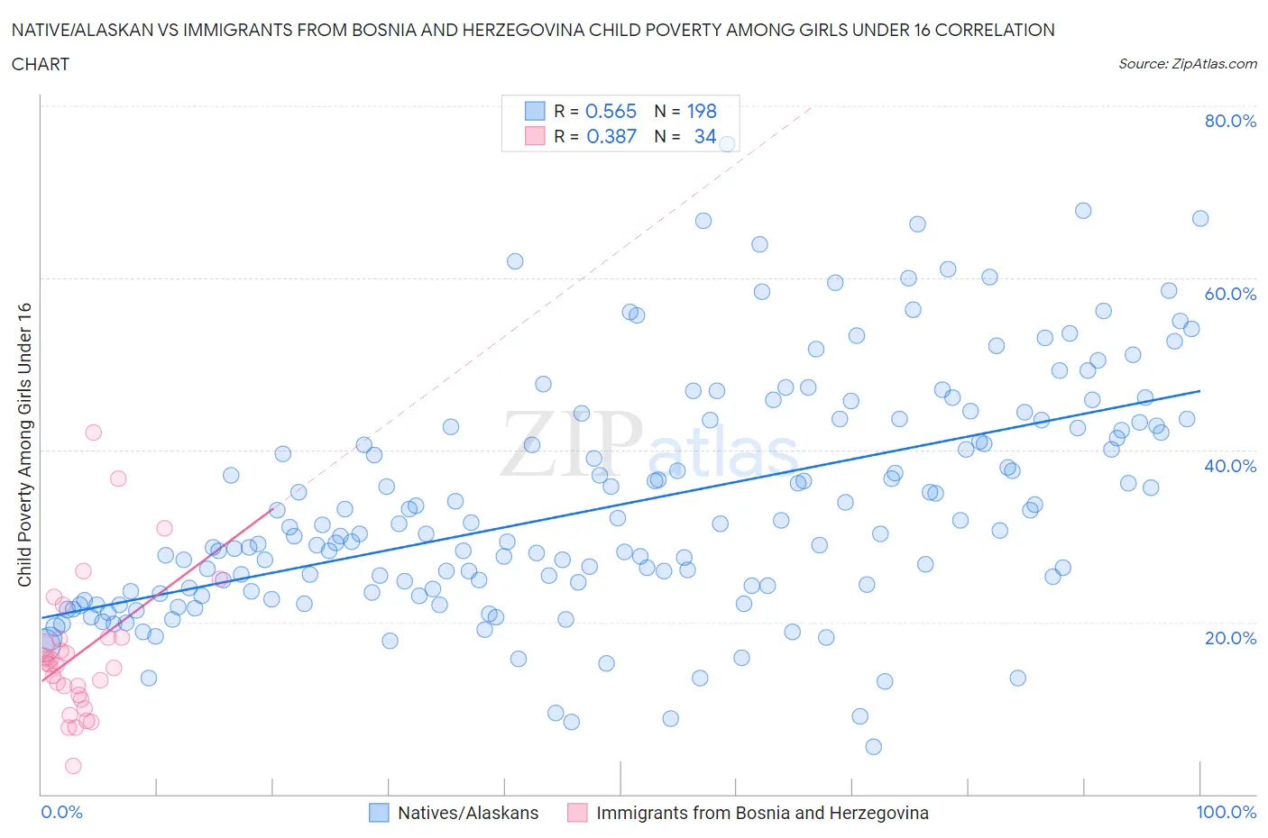 Native/Alaskan vs Immigrants from Bosnia and Herzegovina Child Poverty Among Girls Under 16