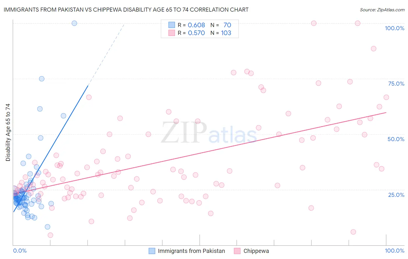 Immigrants from Pakistan vs Chippewa Disability Age 65 to 74