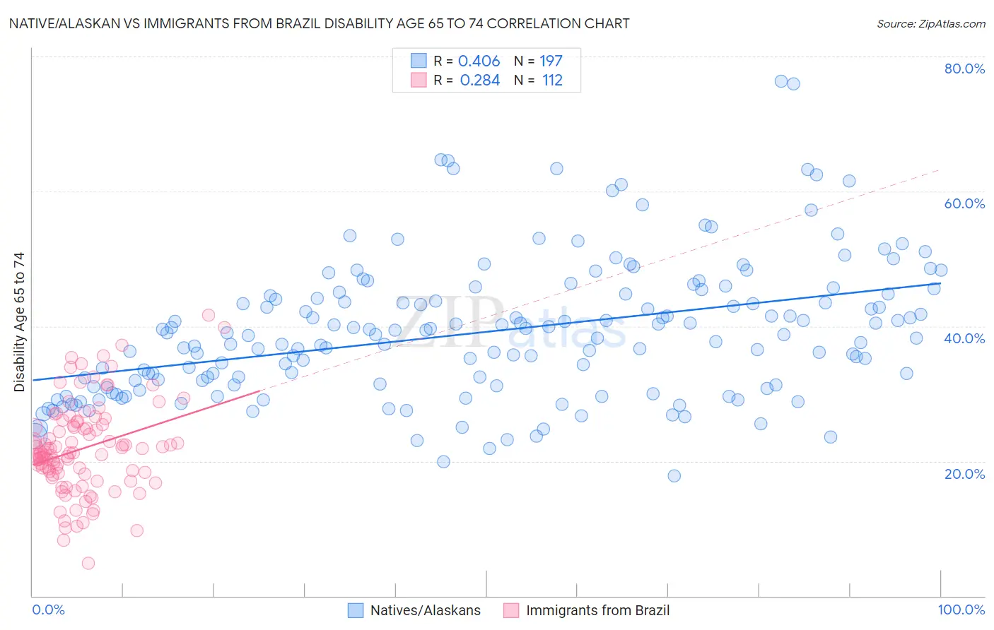 Native/Alaskan vs Immigrants from Brazil Disability Age 65 to 74