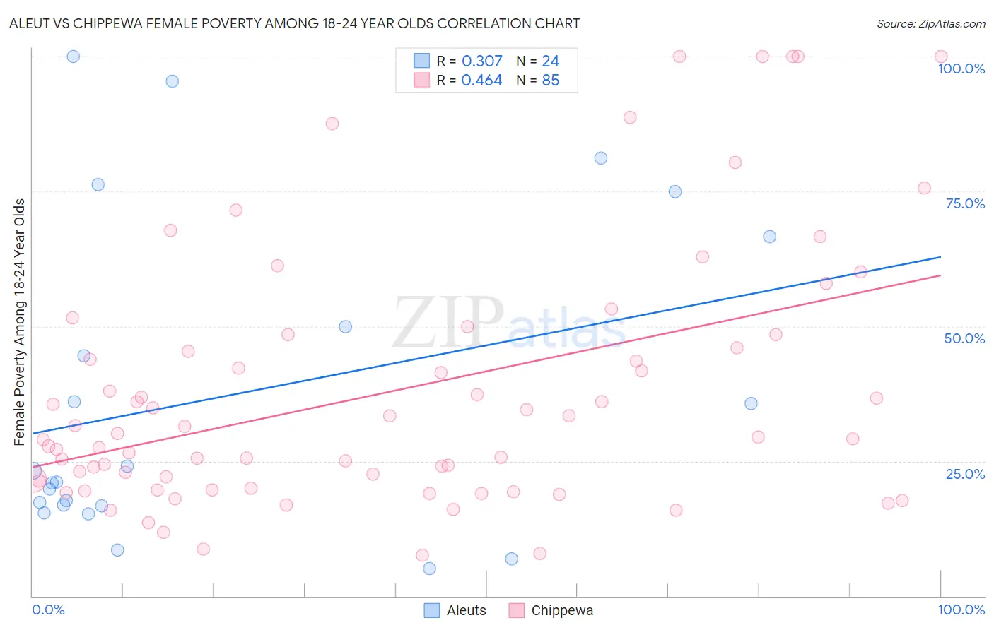 Aleut vs Chippewa Female Poverty Among 18-24 Year Olds