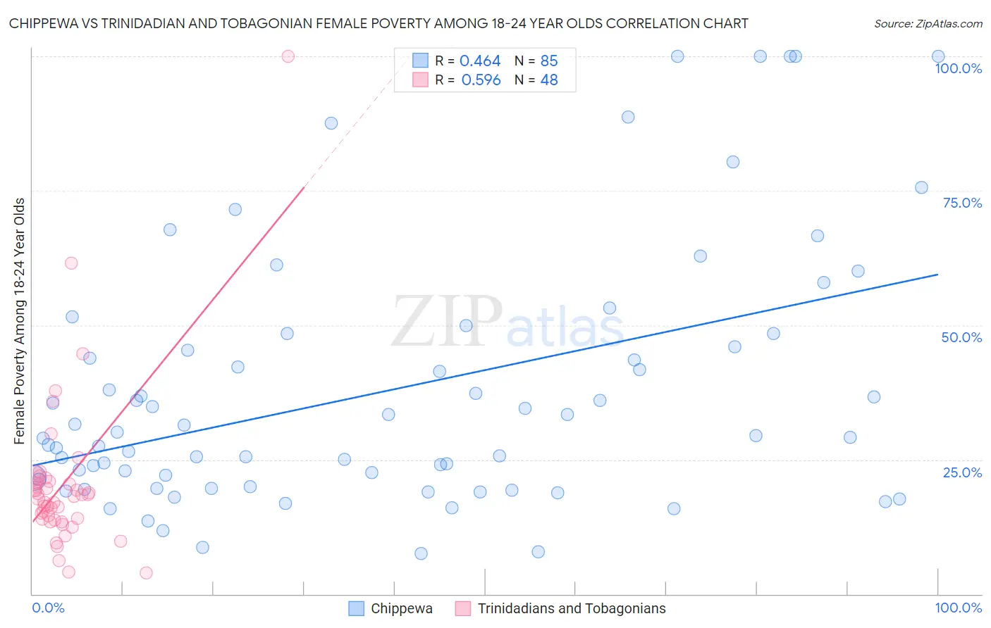 Chippewa vs Trinidadian and Tobagonian Female Poverty Among 18-24 Year Olds