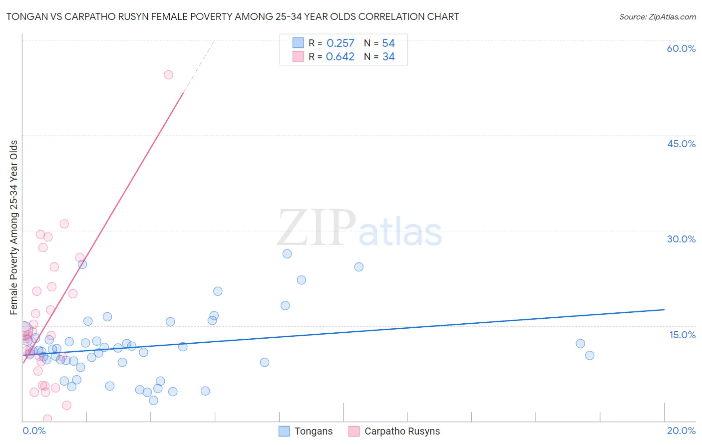 Tongan vs Carpatho Rusyn Female Poverty Among 25-34 Year Olds