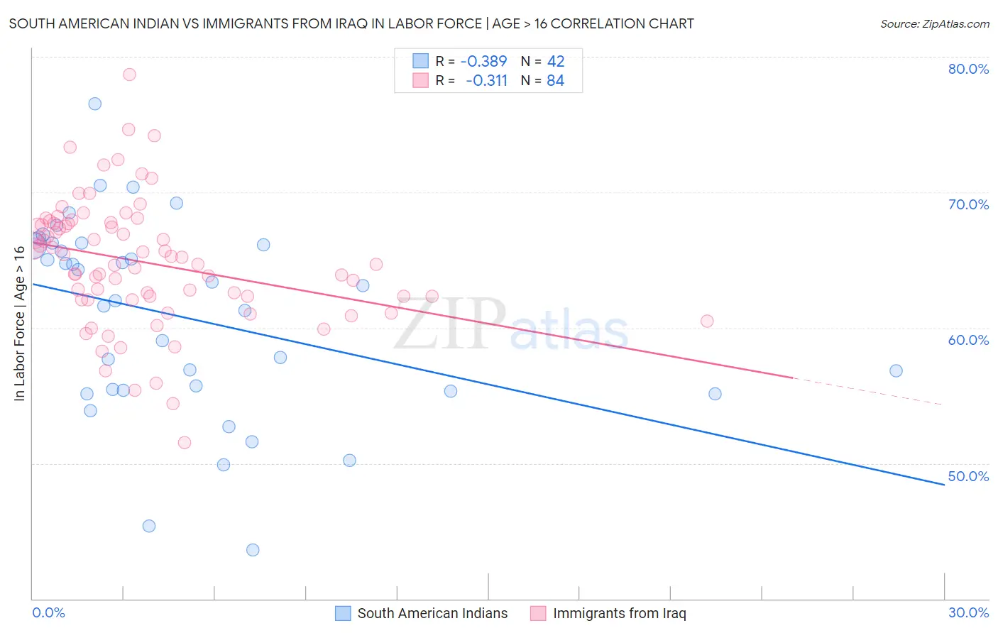 South American Indian vs Immigrants from Iraq In Labor Force | Age > 16