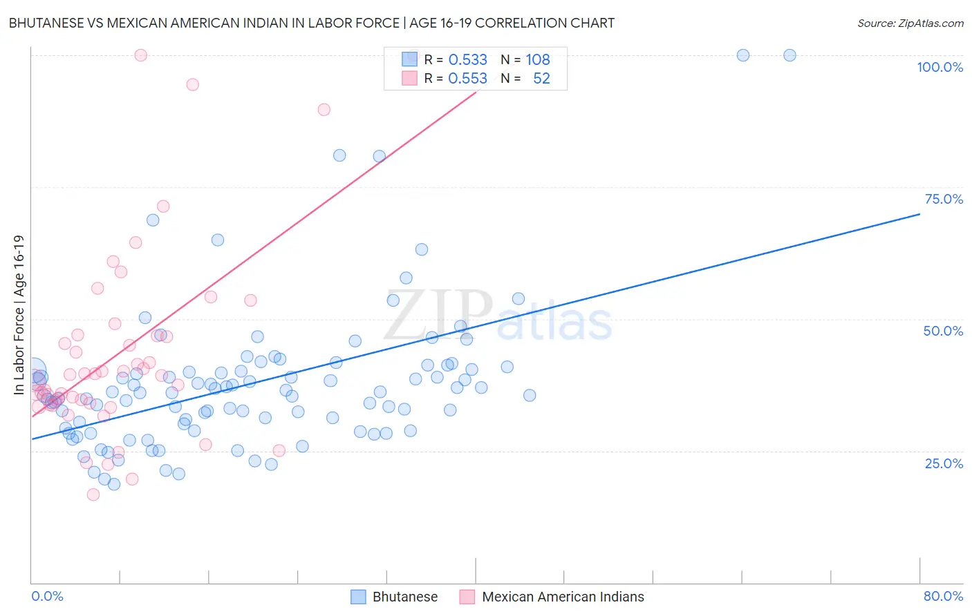 Bhutanese vs Mexican American Indian In Labor Force | Age 16-19