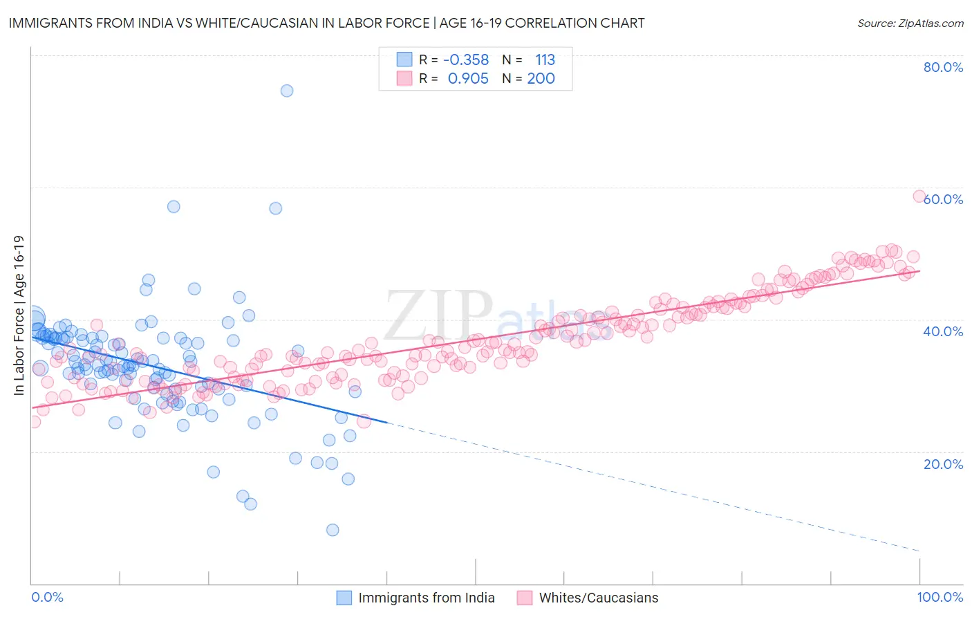 Immigrants from India vs White/Caucasian In Labor Force | Age 16-19