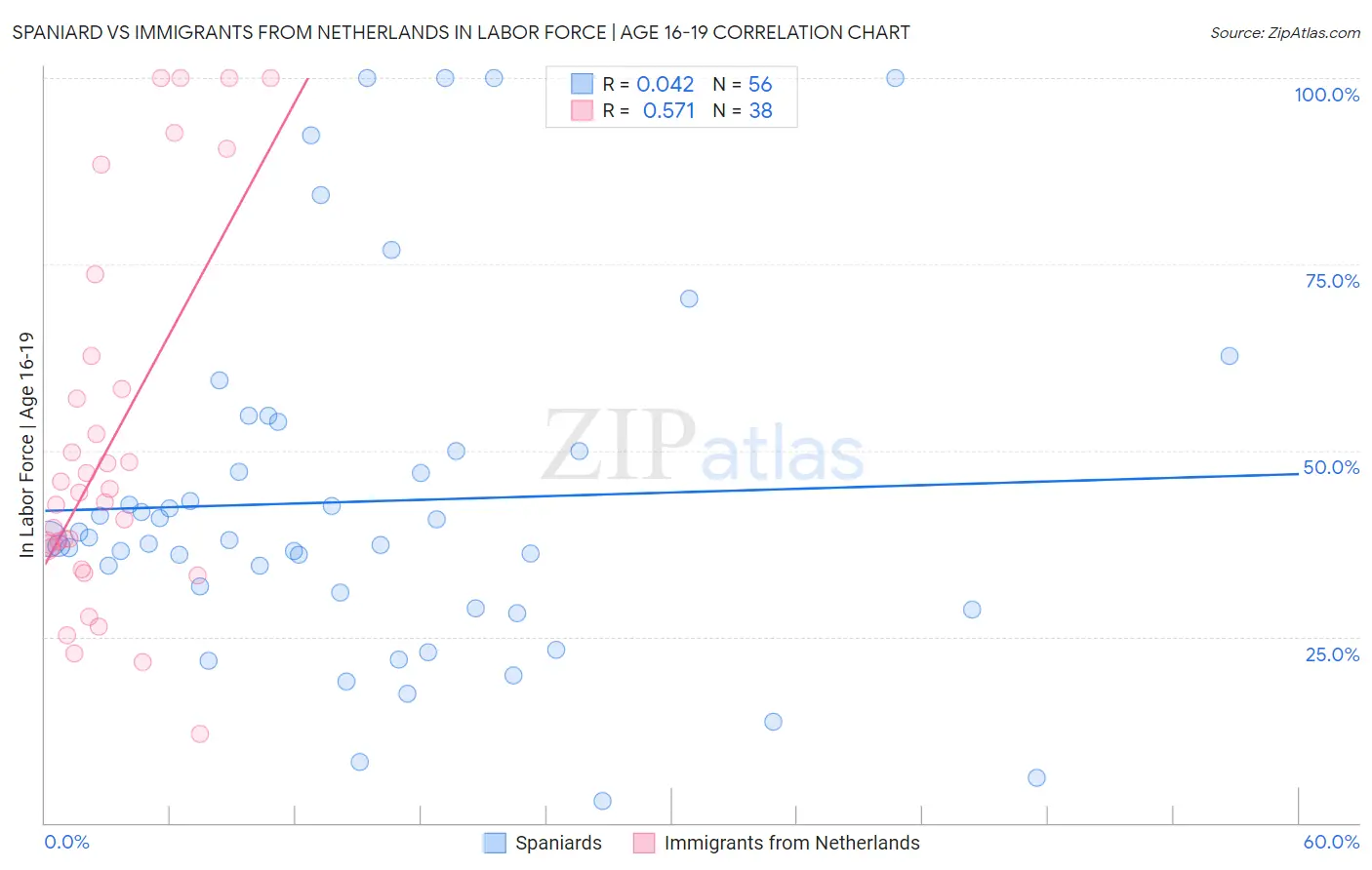 Spaniard vs Immigrants from Netherlands In Labor Force | Age 16-19