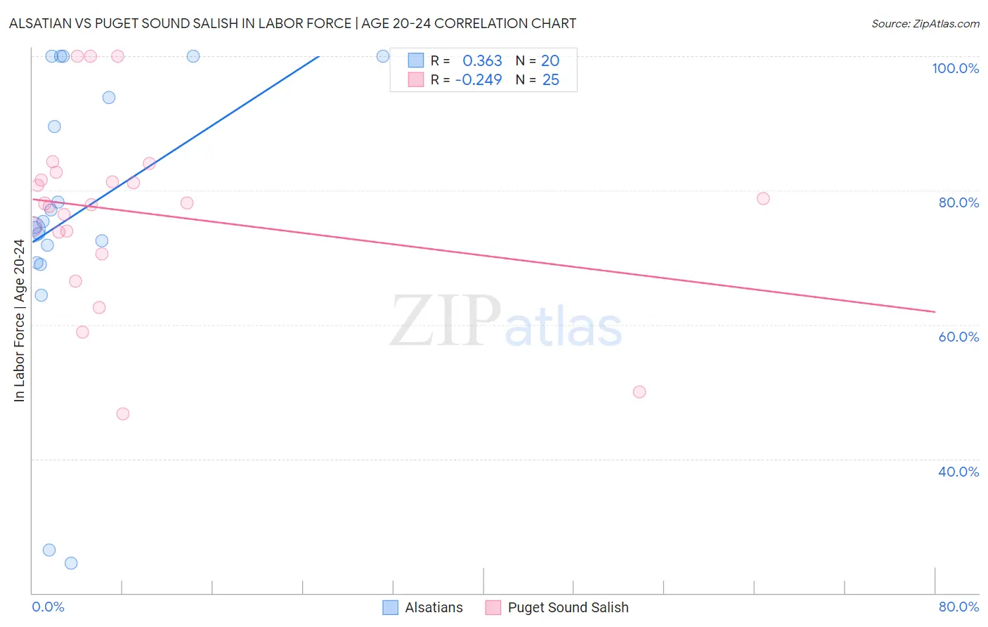 Alsatian vs Puget Sound Salish In Labor Force | Age 20-24