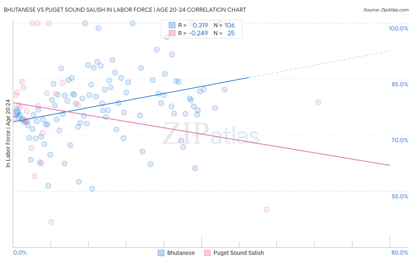 Bhutanese vs Puget Sound Salish In Labor Force | Age 20-24