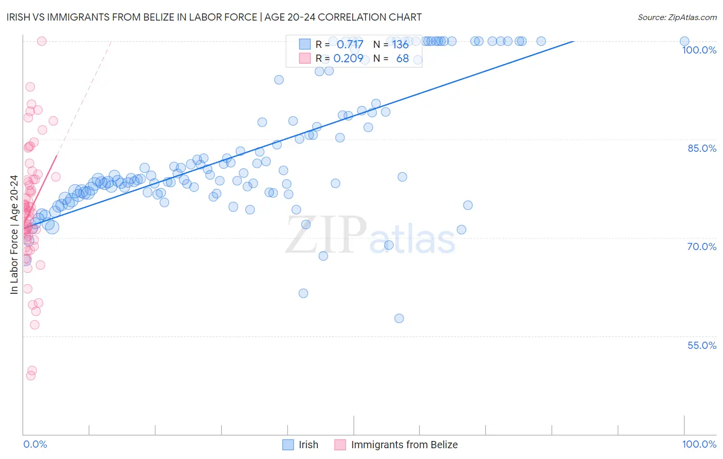 Irish vs Immigrants from Belize In Labor Force | Age 20-24