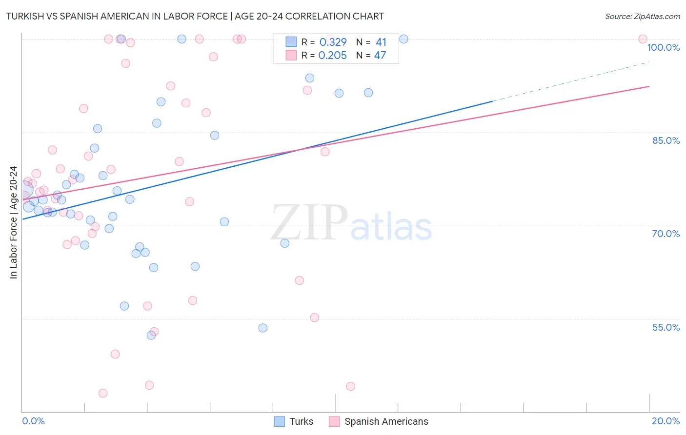 Turkish vs Spanish American In Labor Force | Age 20-24