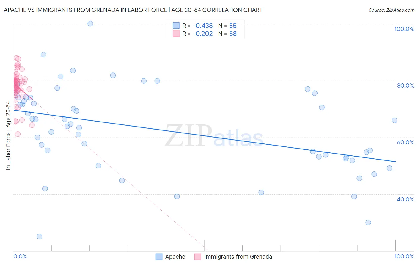 Apache vs Immigrants from Grenada In Labor Force | Age 20-64